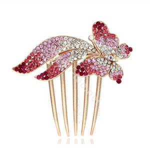 Hair Accessories Rhinestone Crystal Butterfly Metal Hair Pin Clip Comb - Pink