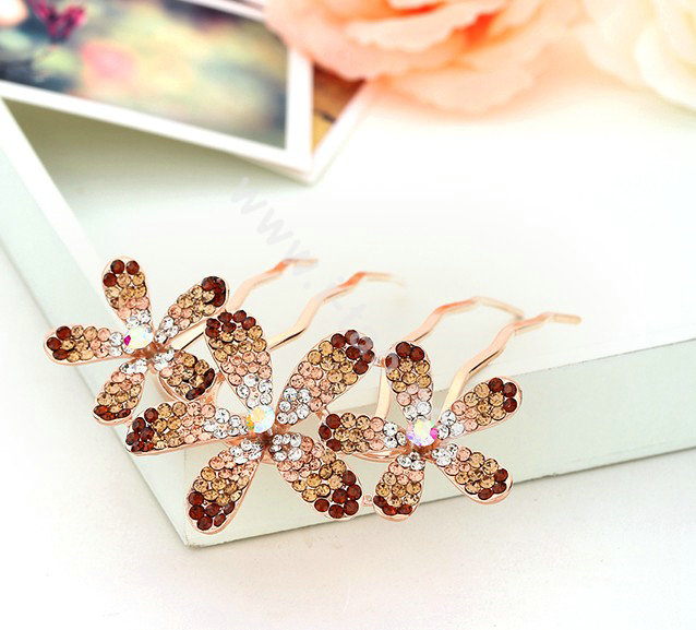 Hair Accessories Rhinestone Crystal Flower Metal Hair Pin Clip Comb - Champagne