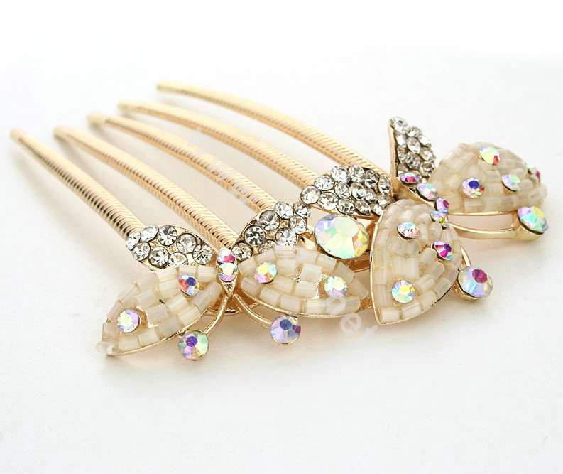 Hair Jewelry Crystal Rhinestone Butterfly Metal Hairpin Clip Comb Pin - Beige