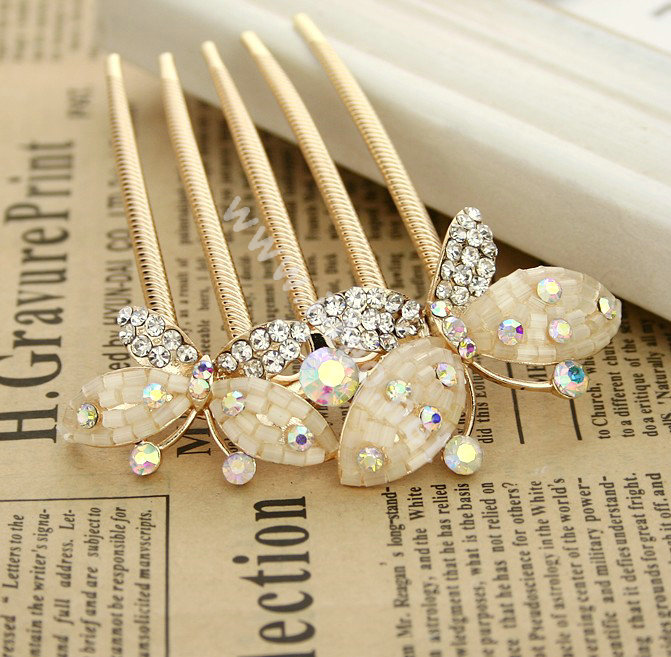 Hair Jewelry Crystal Rhinestone Butterfly Metal Hairpin Clip Comb Pin - Beige