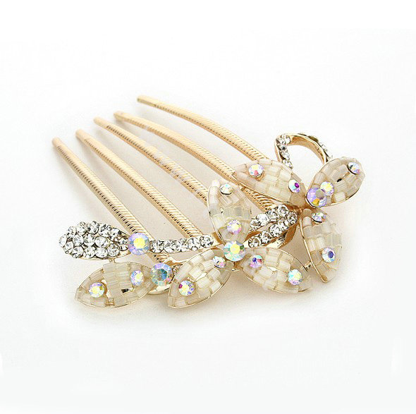 Hair Jewelry Crystal Rhinestone Clover Metal Hairpin Clip Comb Pin - Beige