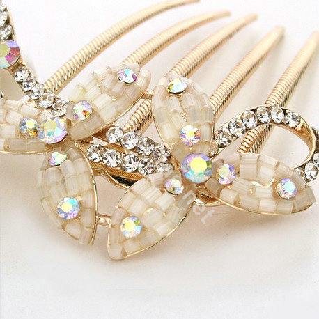 Hair Jewelry Crystal Rhinestone Clover Metal Hairpin Clip Comb Pin - Beige