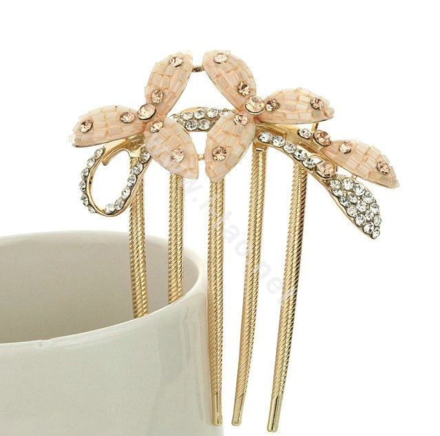 Hair Jewelry Crystal Rhinestone Clover Metal Hairpin Clip Comb Pin - Champagne