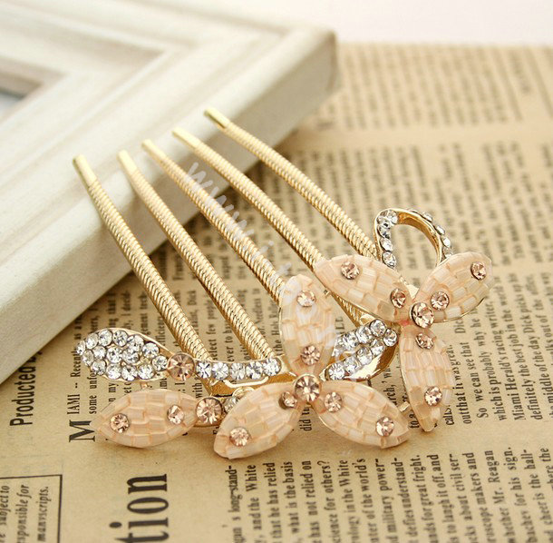 Hair Jewelry Crystal Rhinestone Clover Metal Hairpin Clip Comb Pin - Champagne