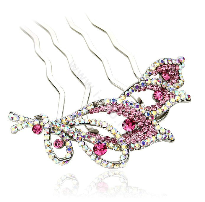 Hair Jewelry Crystal Rhinestone Flower Metal Hairpin Clip Comb Pin - Pink