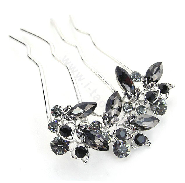 Hair Jewelry Crystal Rhinestone Lover Flower Metal Hairpin Clip Comb Pin - Black