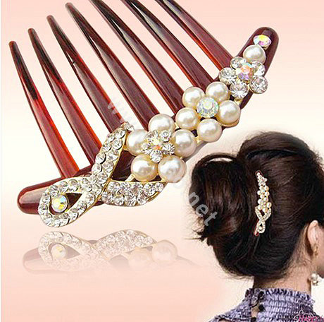 Hair Jewelry Crystal Rhinestone Pearl Bowknot Resin Hair Pin Comb Clip - Red