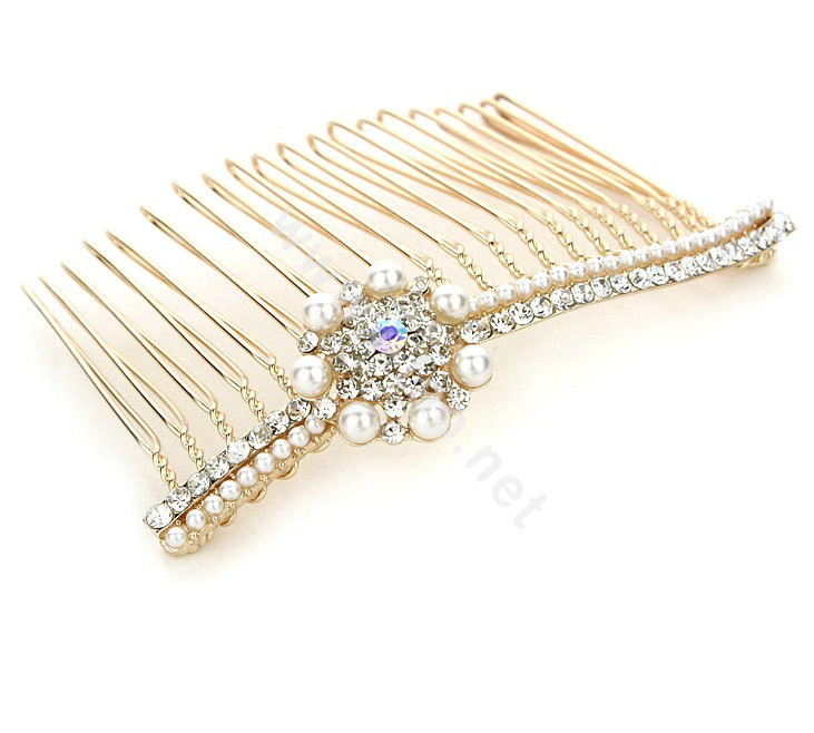 Hair Jewelry Crystal Rhinestone Pearl Flower Metal Hair Pin Comb Clip - White