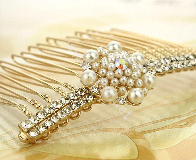 Hair Jewelry Crystal Rhinestone Pearl Flower Metal Hair Pin Comb Clip - White
