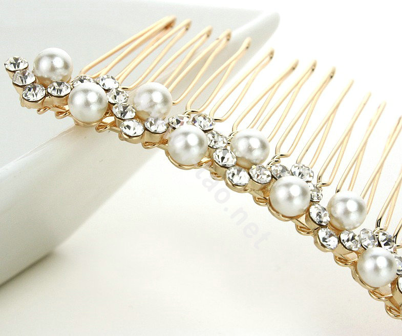 Hair Jewelry Crystal Rhinestone Pearl Metal Hair Pin Comb Clip - White