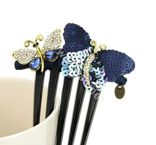 Hair Jewelry Crystal Rhinestone Sequins Butterfly Hair Pin Comb Clip - Blue