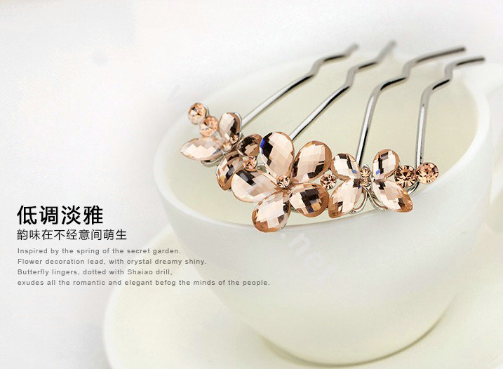 Hair Jewelry Rhinestone Crystal Butterfly Flower Metal Hairpin Clip Comb Pin - Champagne