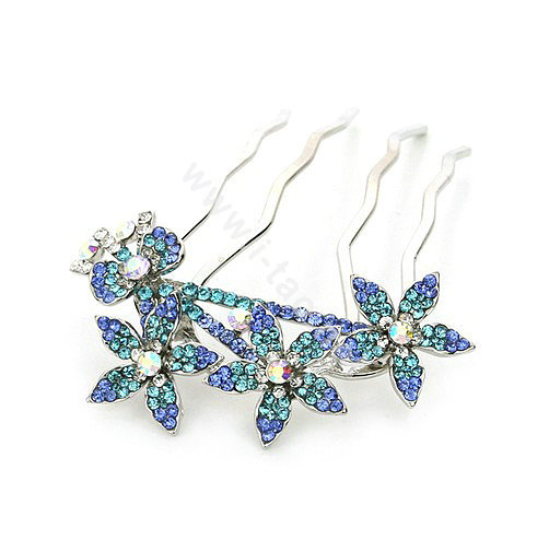 Hair Jewelry Rhinestone Crystal Flower Metal Hairpin Clip Comb Pin - Blue