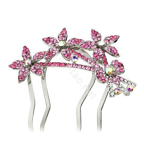 Hair Jewelry Rhinestone Crystal Flower Metal Hairpin Clip Comb Pin - Pink
