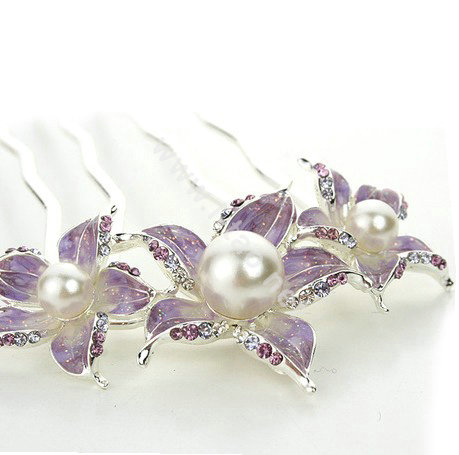 Hair Jewelry Rhinestone Crystal Flower Pearl Metal Hairpin Clip Comb Pin - Purple