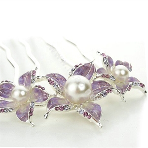 Hair Jewelry Rhinestone Crystal Flower Pearl Metal Hairpin Clip Comb Pin - Purple