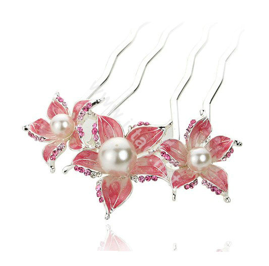 Hair Jewelry Rhinestone Crystal Flower Pearl Metal Hairpin Clip Comb Pin - Red