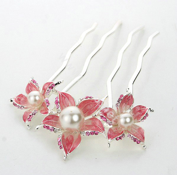 Hair Jewelry Rhinestone Crystal Flower Pearl Metal Hairpin Clip Comb Pin - Red
