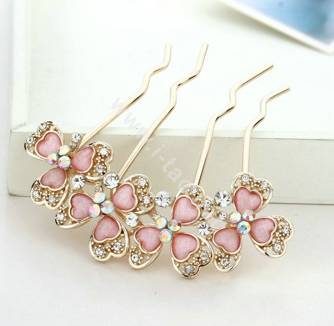 Hair Jewelry Rhinestone Crystal Flowers Metal Hair Pin Clip Comb - Pink