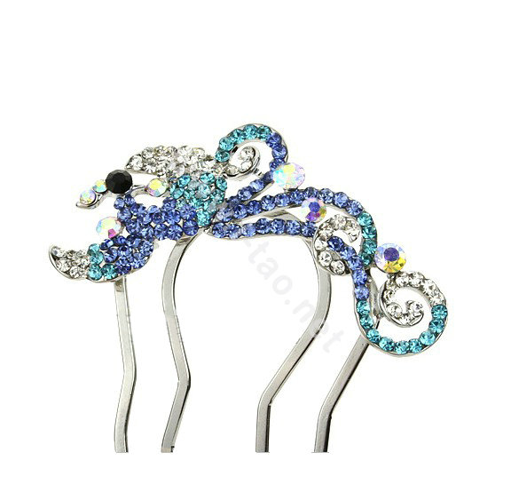 Hair Jewelry Rhinestone Crystal Phoenix Metal Hairpin Clip Comb Pin - Blue