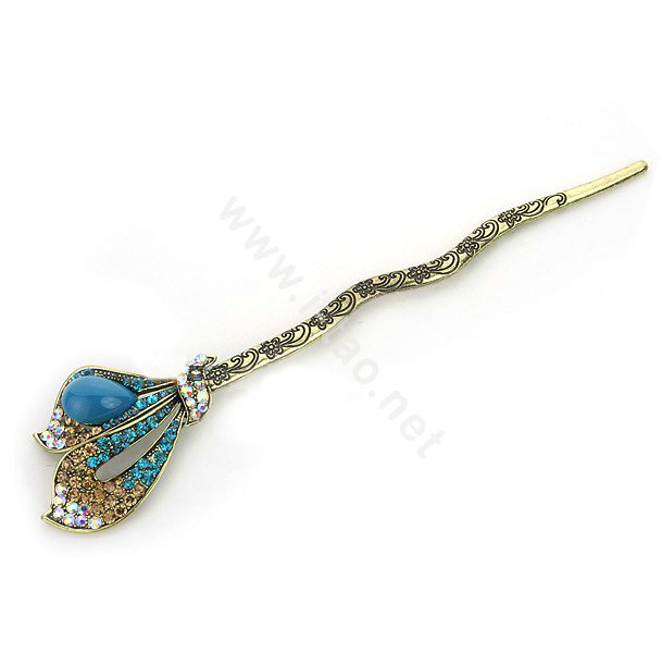 Lily flower Crystal Rhinestone Hairpin Hair Clasp Clip Fork Stick - Blue