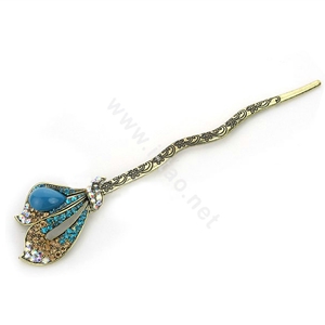 Lily flower Crystal Rhinestone Hairpin Hair Clasp Clip Fork Stick - Blue