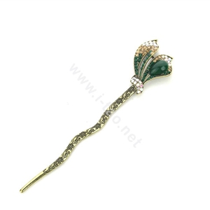Lily flower Crystal Rhinestone Hairpin Hair Clasp Clip Fork Stick - Green