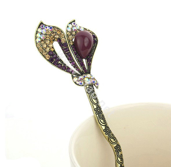 Lily flower Crystal Rhinestone Hairpin Hair Clasp Clip Fork Stick - Purple