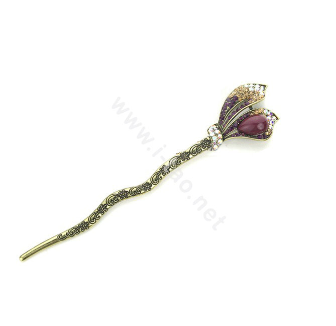 Lily flower Crystal Rhinestone Hairpin Hair Clasp Clip Fork Stick - Purple