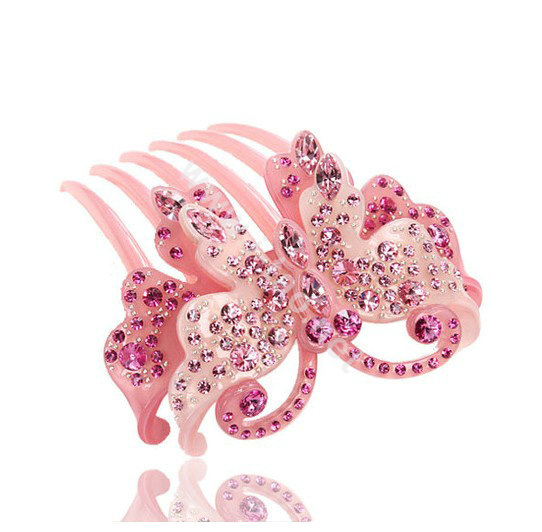 Luxury Hair Jewelry Crystal Rhinestone Butterfly Hair Pin Comb Clip - Pink