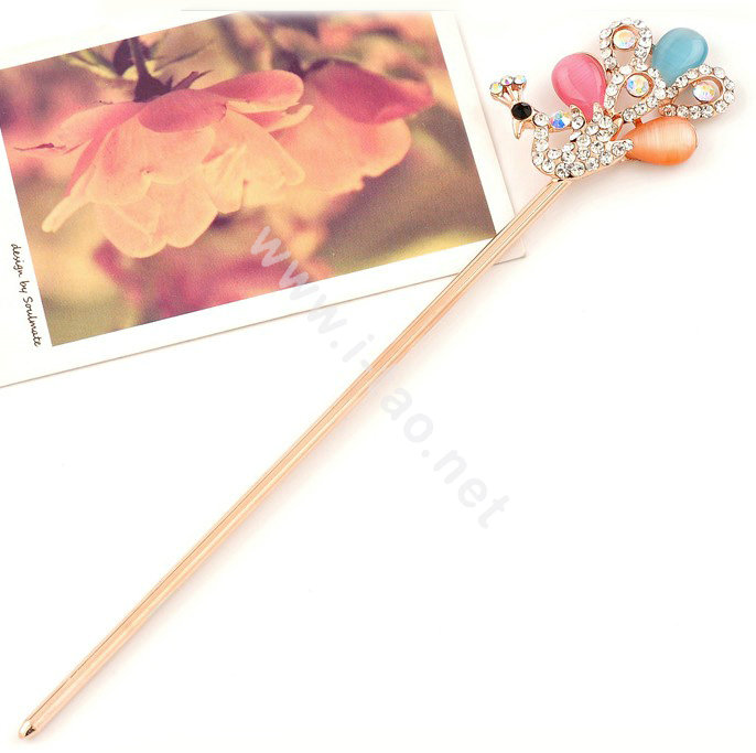 Peacock Rhinestone Crystal Hairpin Hair Clasp Clip Fork Stick - Multicolor