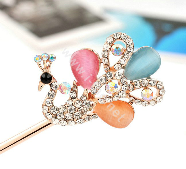 Peacock Rhinestone Crystal Hairpin Hair Clasp Clip Fork Stick - Multicolor