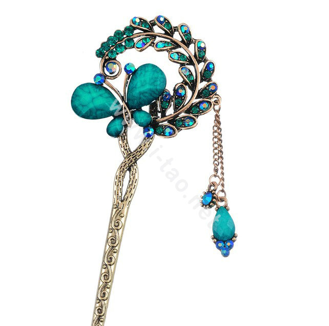 Retro Butterfly Crystal Rhinestone Hairpin Hair Clasp Clip Fork Stick - Blue