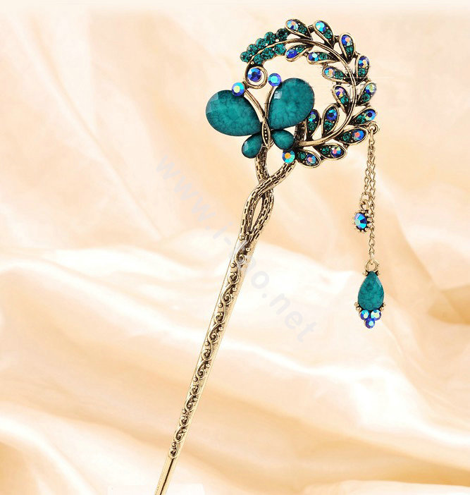 Retro Butterfly Crystal Rhinestone Hairpin Hair Clasp Clip Fork Stick - Blue