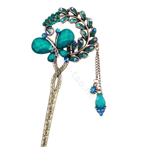 Retro Butterfly Crystal Rhinestone Hairpin Hair Clasp Clip Fork Stick - Blue