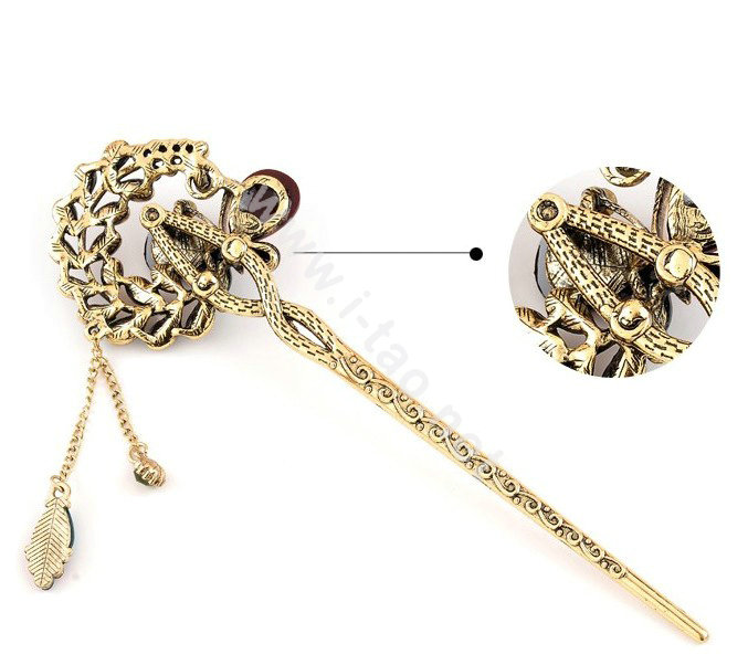 Retro Butterfly Crystal Rhinestone Hairpin Hair Clasp Clip Fork Stick - Coffee