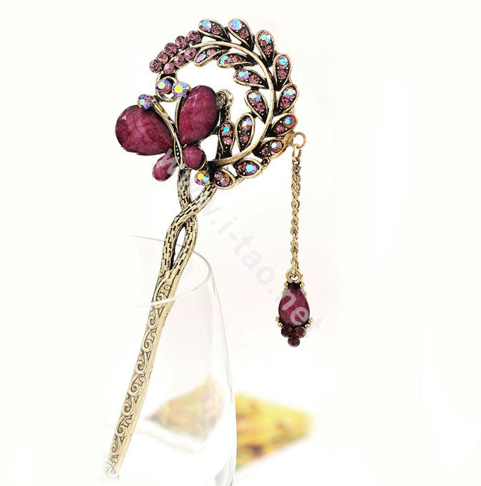 Retro Butterfly Crystal Rhinestone Hairpin Hair Clasp Clip Fork Stick - Purple