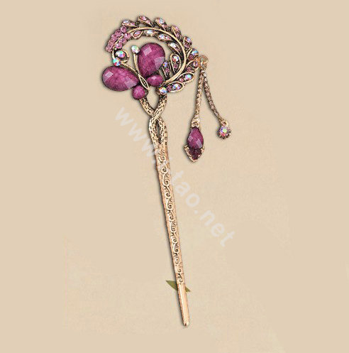 Retro Butterfly Crystal Rhinestone Hairpin Hair Clasp Clip Fork Stick - Purple