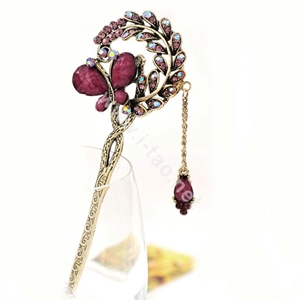 Retro Butterfly Crystal Rhinestone Hairpin Hair Clasp Clip Fork Stick - Purple