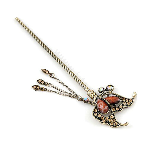 Retro Butterfly Tassel Crystal Rhinestone Hairpin Hair Clasp Clip Fork Stick - Coffee