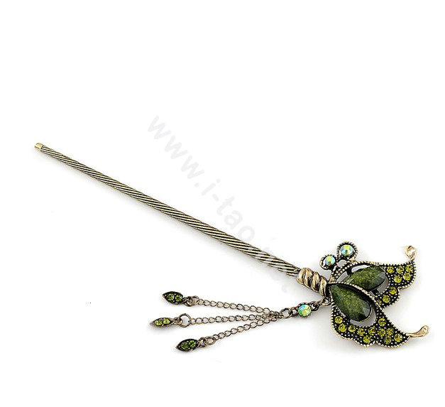 Retro Butterfly Tassel Crystal Rhinestone Hairpin Hair Clasp Clip Fork Stick - Green