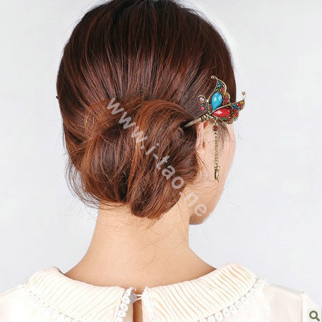 Retro Butterfly Tassel Crystal Rhinestone Hairpin Hair Clasp Clip Fork Stick - Multicolor