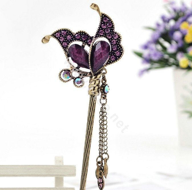 Retro Butterfly Tassel Crystal Rhinestone Hairpin Hair Clasp Clip Fork Stick - Purple
