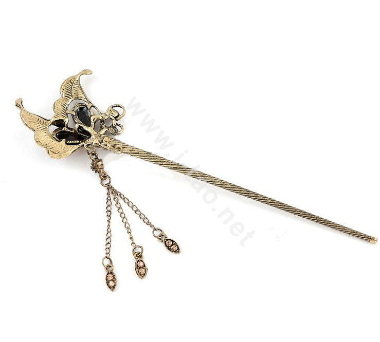 Retro Butterfly Tassel Crystal Rhinestone Hairpin Hair Clasp Clip Fork Stick - Purple