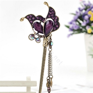 Retro Butterfly Tassel Crystal Rhinestone Hairpin Hair Clasp Clip Fork Stick - Purple