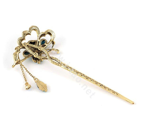 Retro Butterfly Tassel Rhinestone Crystal Hairpin Hair Clasp Clip Fork Stick - Coffee