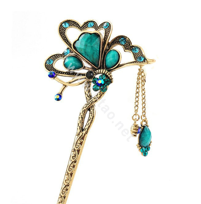 Retro Butterfly Tassel Rhinestone Crystal Hairpin Hair Clasp Clip Fork Stick - Green