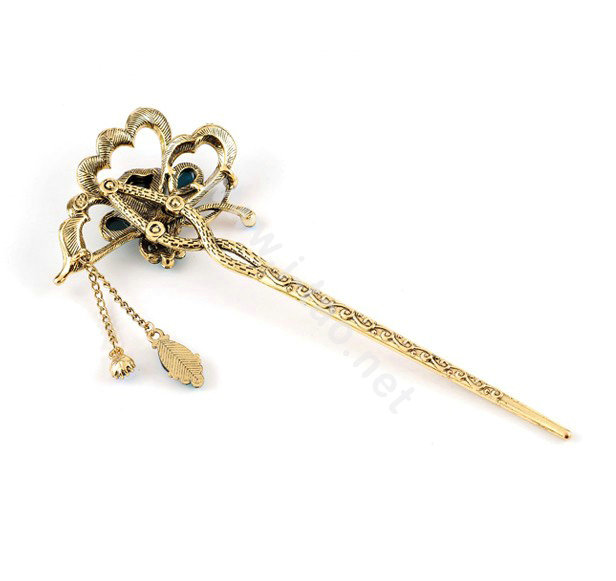 Retro Butterfly Tassel Rhinestone Crystal Hairpin Hair Clasp Clip Fork Stick - Green