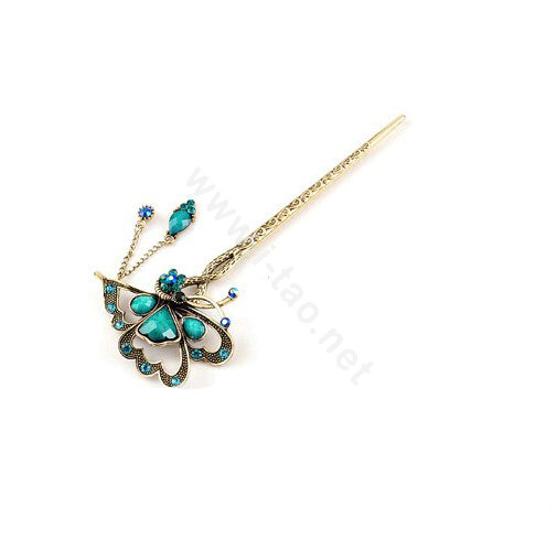 Retro Butterfly Tassel Rhinestone Crystal Hairpin Hair Clasp Clip Fork Stick - Green