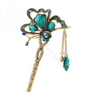 Retro Butterfly Tassel Rhinestone Crystal Hairpin Hair Clasp Clip Fork Stick - Green